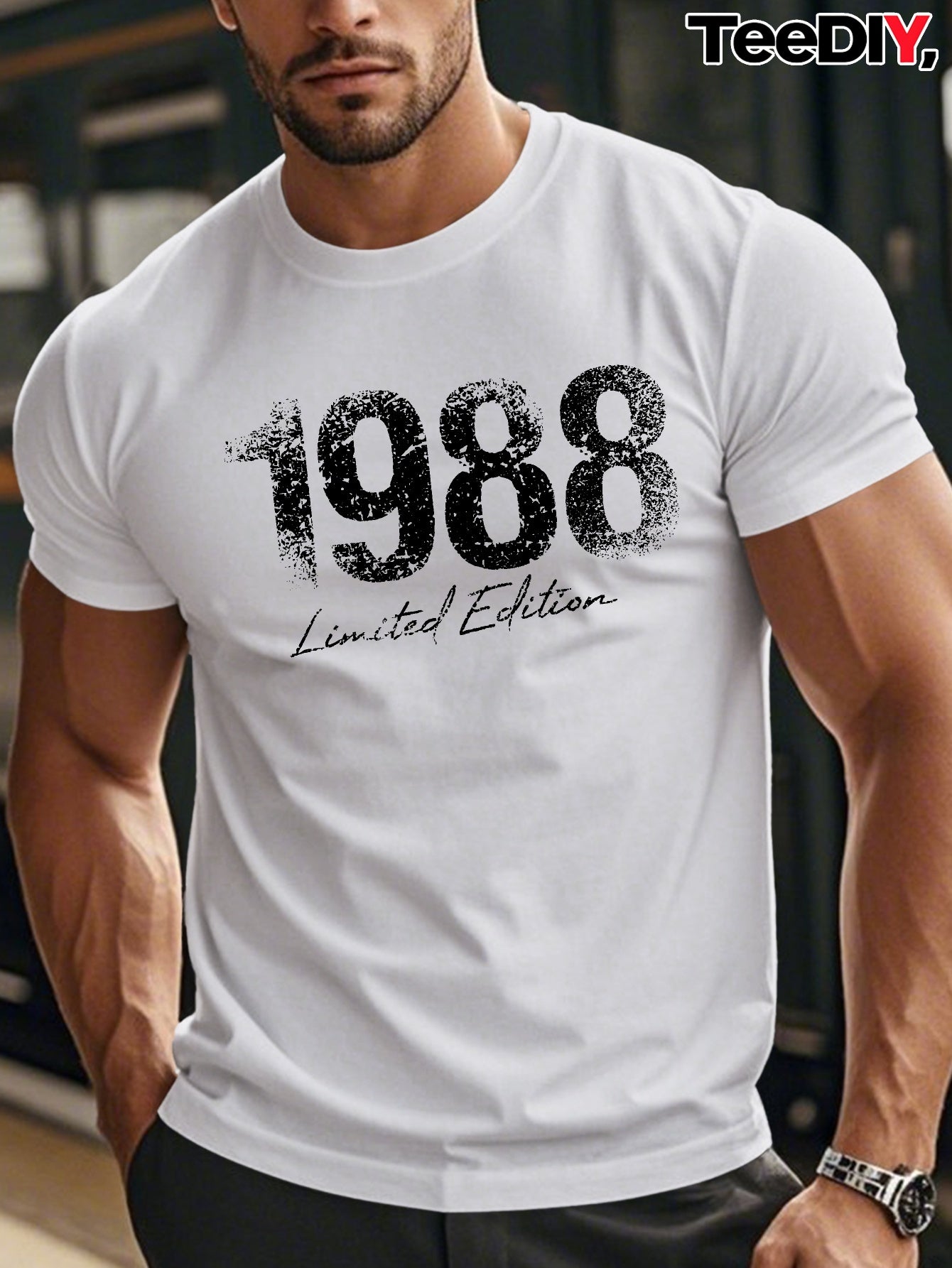 1988 Limited Edition Men's Short Sleeve T-Shirt - 1988 Print Round Neck Casual Summer Top, Limited Edition Numbered 1988 for Casual Attire & Special Events, Machine Washable Fit Male Apparel