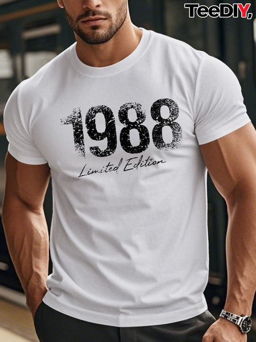 1988 Limited Edition Men's Short Sleeve T-Shirt - 1988 Print Round Neck Casual Summer Top, Limited Edition Numbered 1988 for Casual Attire & Special Events, Machine Washable Fit Male Apparel