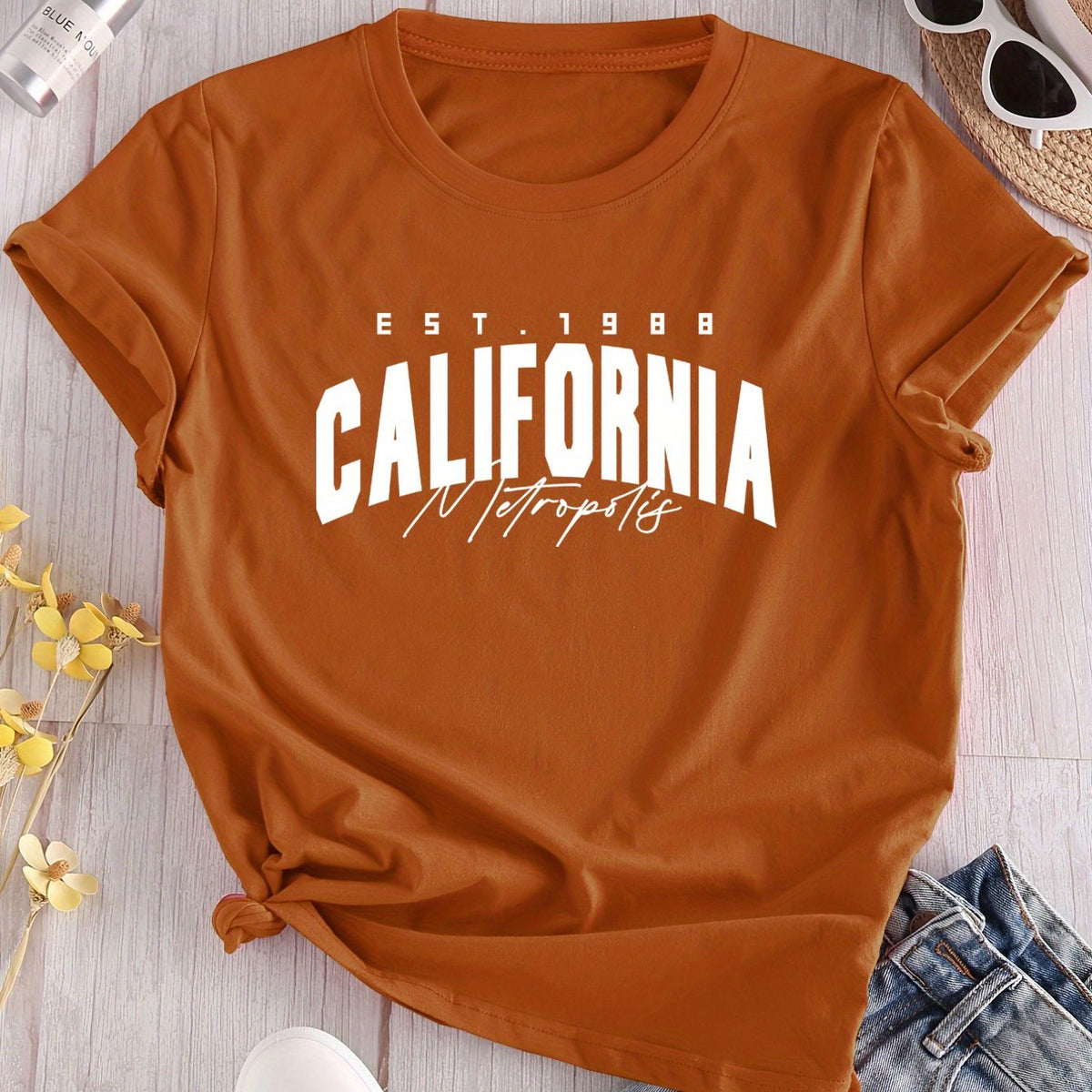 California 1988 Women's Vintage Graphic T-Shirt - Maroon Short Sleeve Round Neck Casual Top with EST.1988 California Print, Slightly Elastic Comfort Fit for Spring Summer Fall, Spring Summer Apparel, Soft Fabric Tee