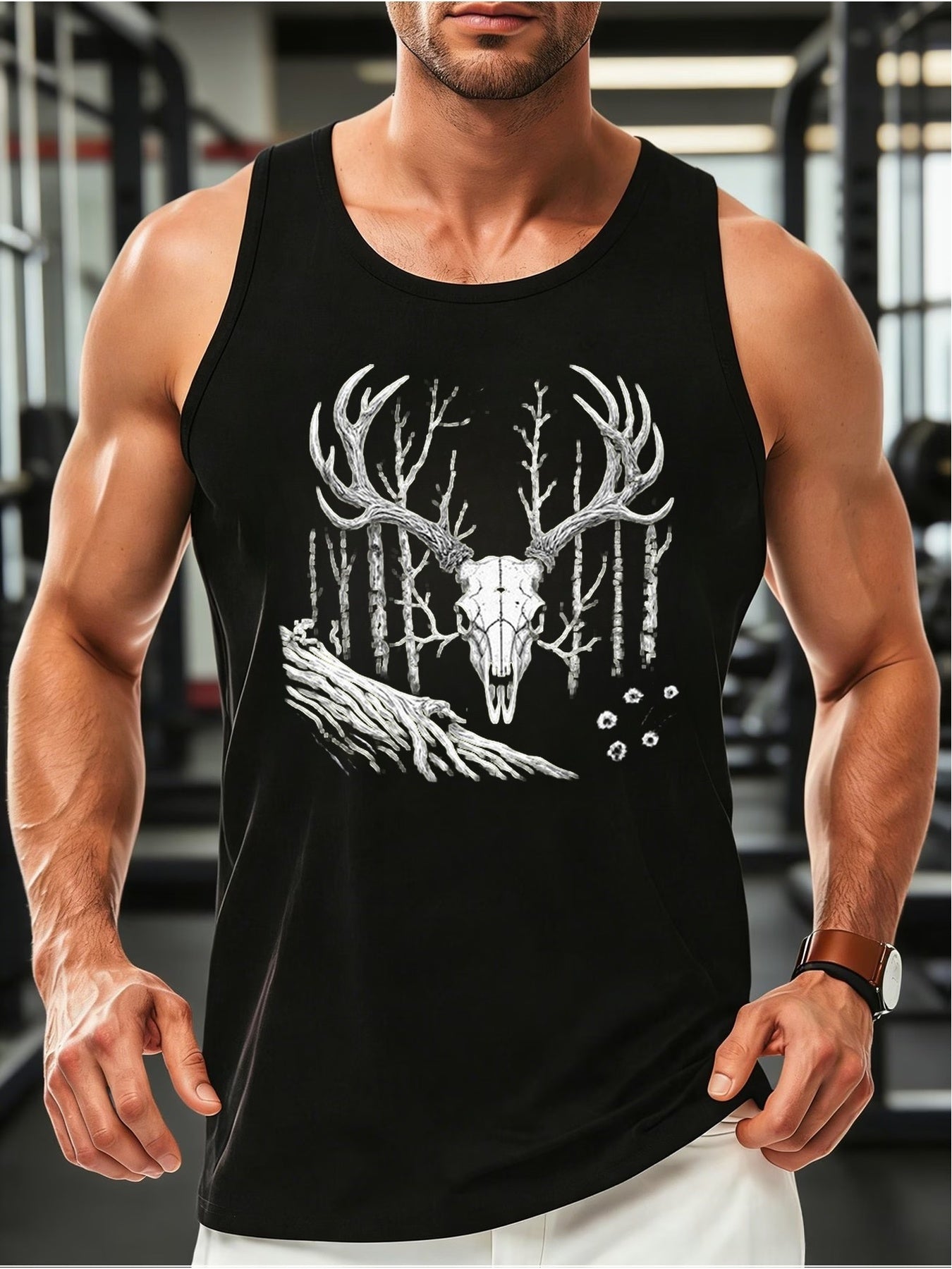 Men'S Fashion Sleeveless Tank Top, Elastic Fabric Dark Blue Background Deer Skull Graphic Design Perfect for Fitness And Outdoor Casual Wear, Forest Eerie Aesthetic Vest 1Pc02