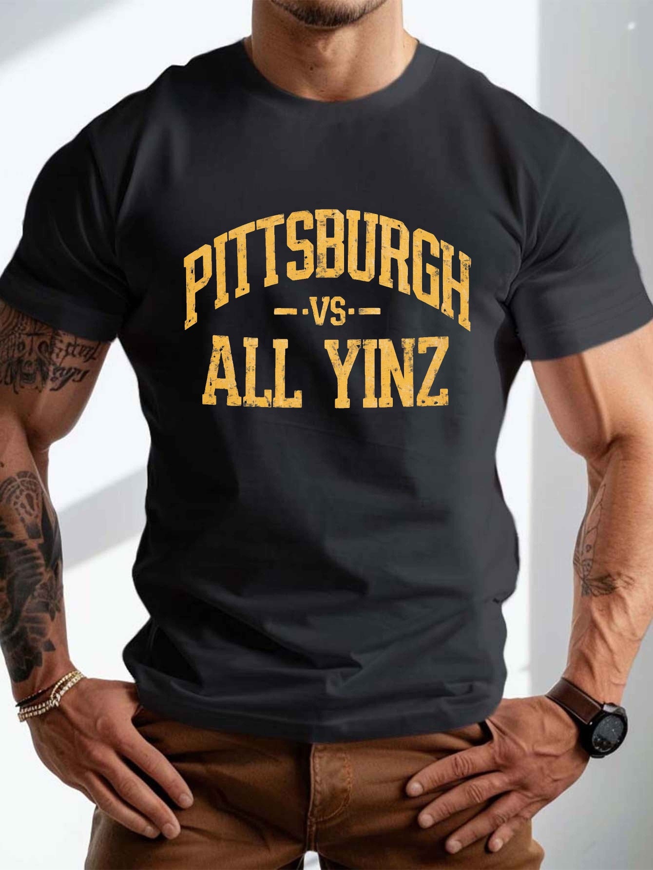 DO IT PITTSBURGH ALL YINZ Crinkle T-Shirt for Men - Plus Size Casual Summer Shirt with Pittsburgh Slang, Round Neck & Crinkle Texture, Machine Washable Urban Streetwear, PLUS SIZE