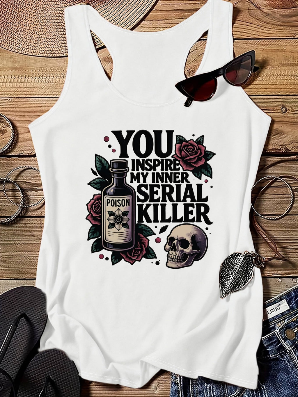 Poison, Rose Print Women'S Fashion Printed Round Neck Tank Top PB-211