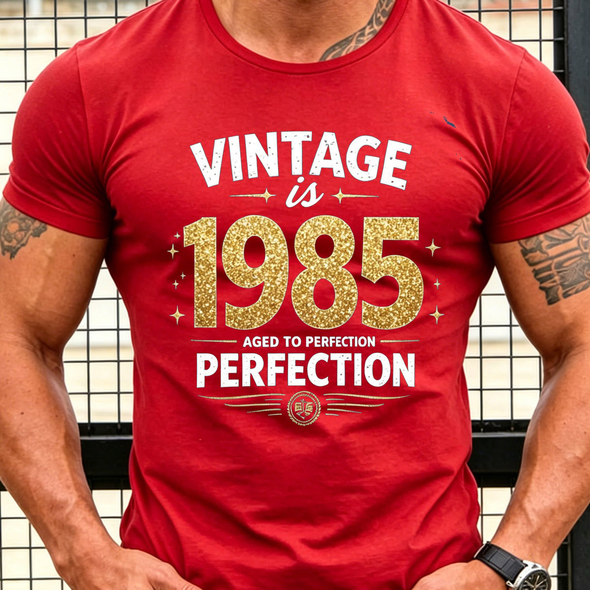 Men's 1985 Vintage T-Shirt with Golden Glitter Number Print - Retro Birth Year Crew Neck Short Sleeve Casual Top, Suitable for - Wear & Nostalgic Gift for 1985 Birth Year Celebration