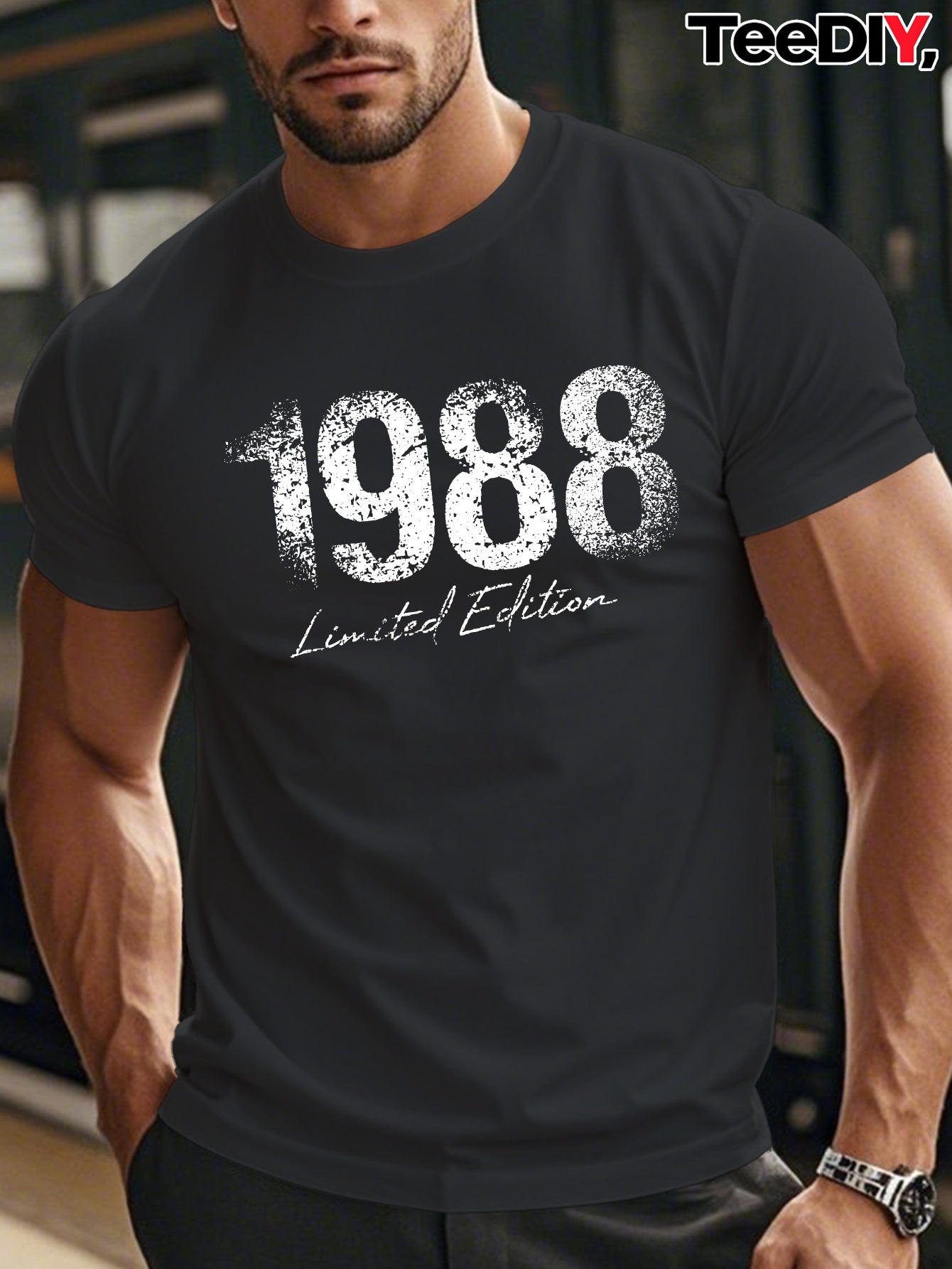 1988 Limited Edition Men's Short Sleeve T-Shirt - 1988 Print Round Neck Casual Summer Top, Limited Edition Numbered 1988 for Casual Attire & Special Events, Machine Washable Fit Male Apparel