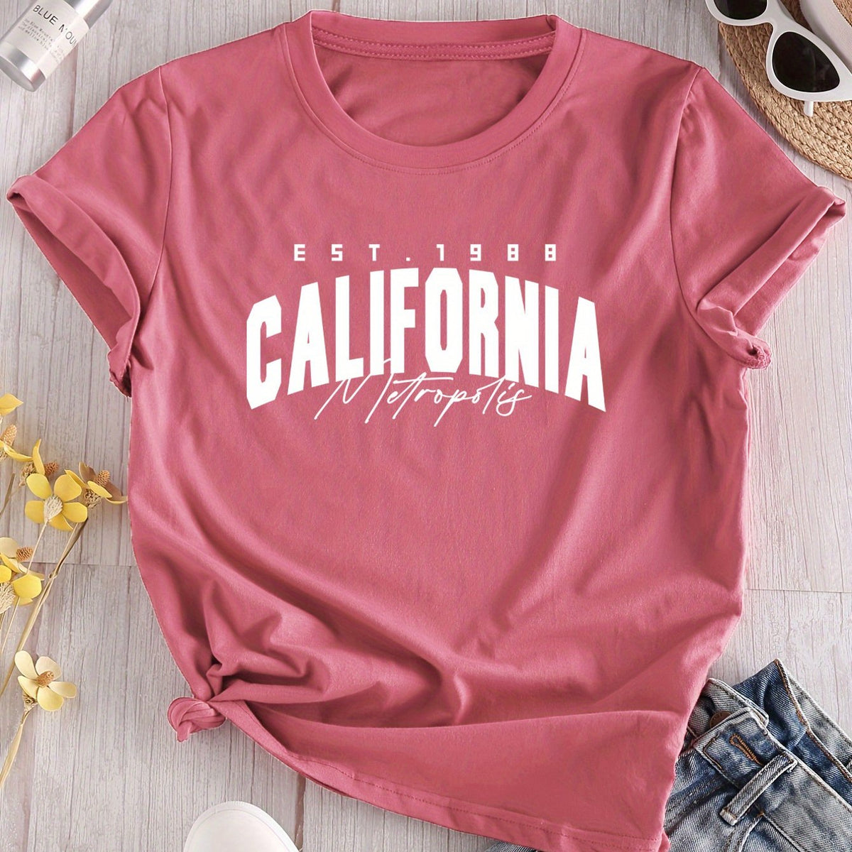 California 1988 Women's Vintage Graphic T-Shirt - Maroon Short Sleeve Round Neck Casual Top with EST.1988 California Print, Slightly Elastic Comfort Fit for Spring Summer Fall, Spring Summer Apparel, Soft Fabric Tee