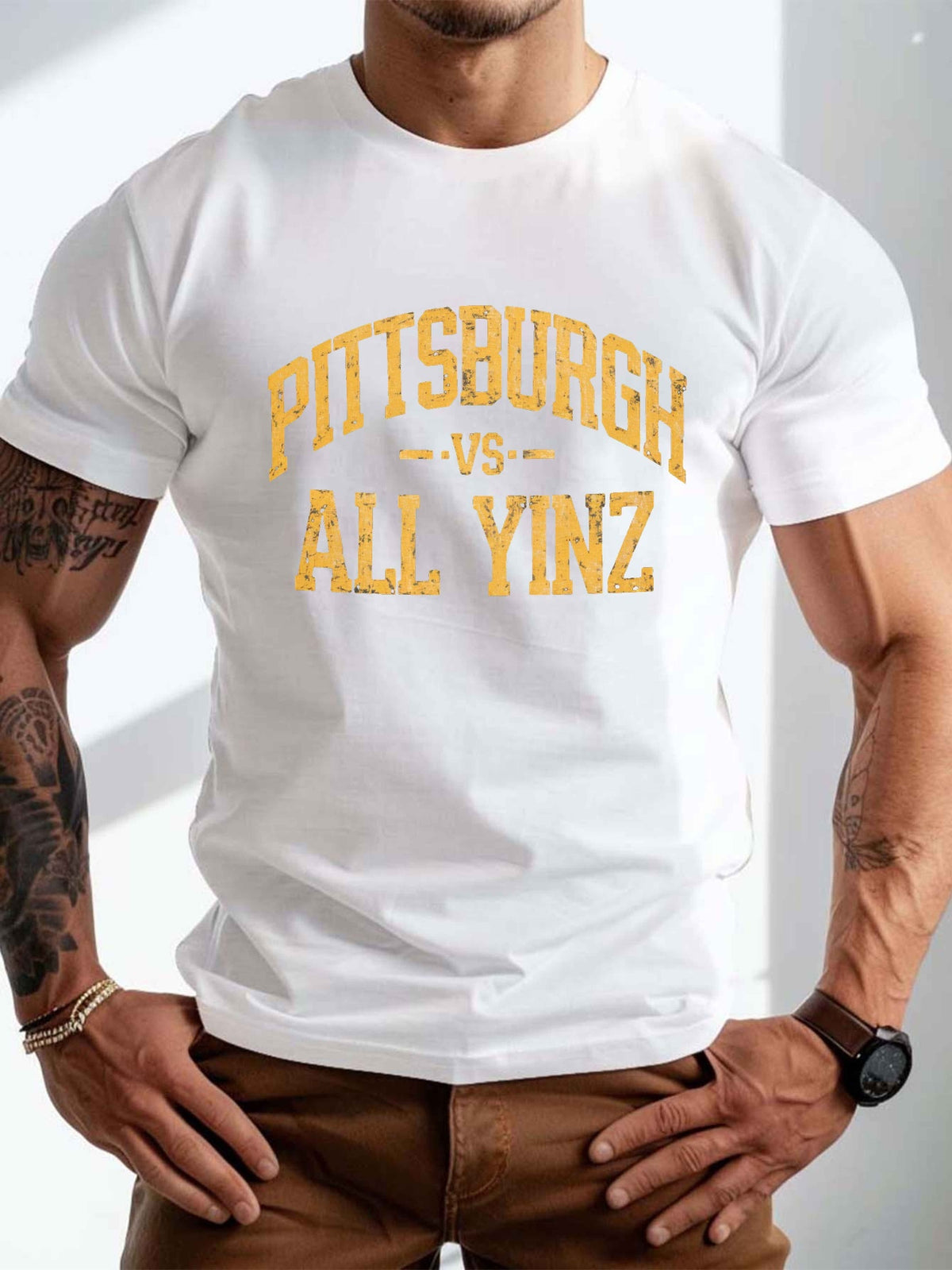 DO IT PITTSBURGH ALL YINZ Crinkle T-Shirt for Men - Plus Size Casual Summer Shirt with Pittsburgh Slang, Round Neck & Crinkle Texture, Machine Washable Urban Streetwear, PLUS SIZE