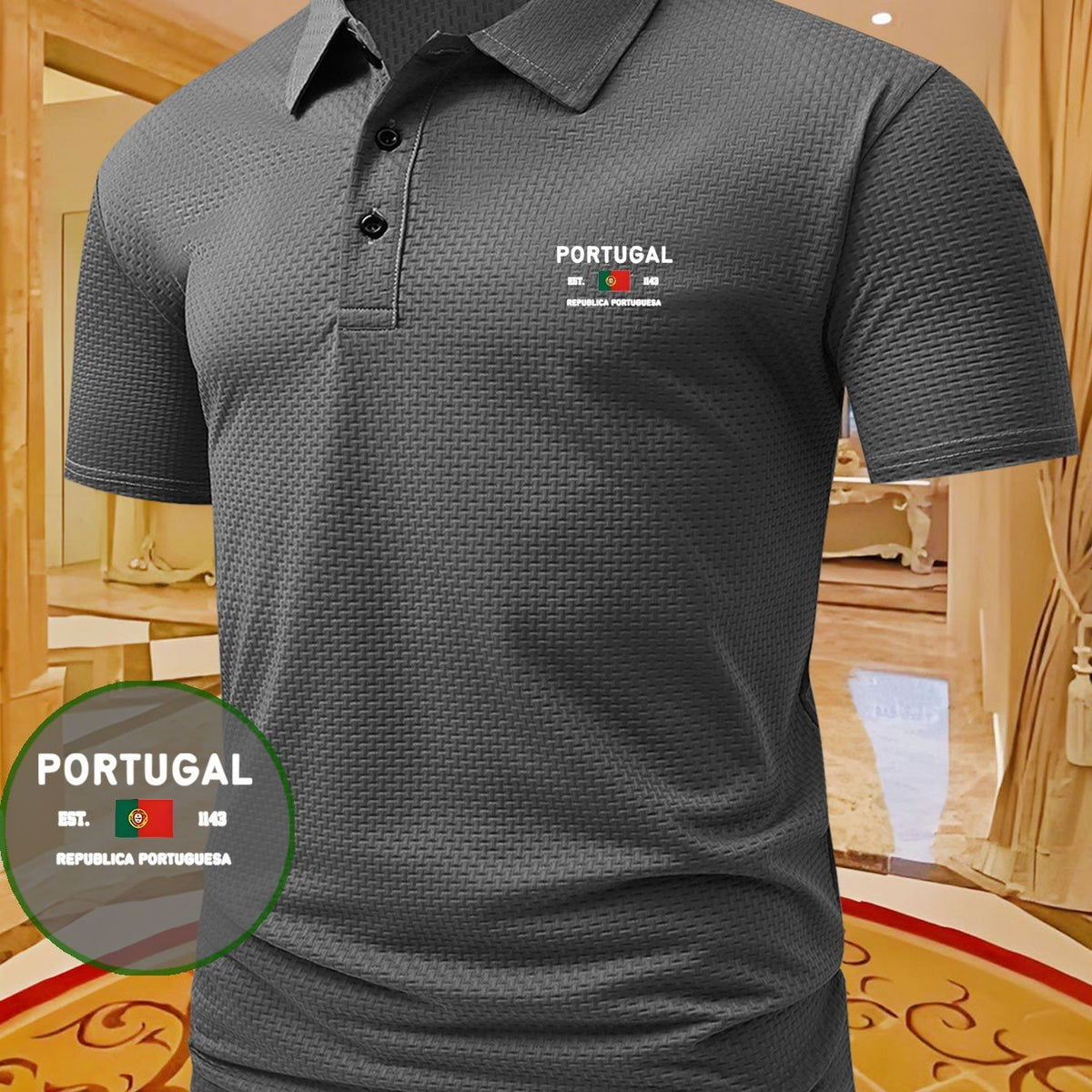 PORTUGAL Letter Pattern Men's Printed Polo Shirt, Short-Sleeve Lightweight Performance T-Shirt, Casual Sporty Style Stretchy Comfortable Plaid Top