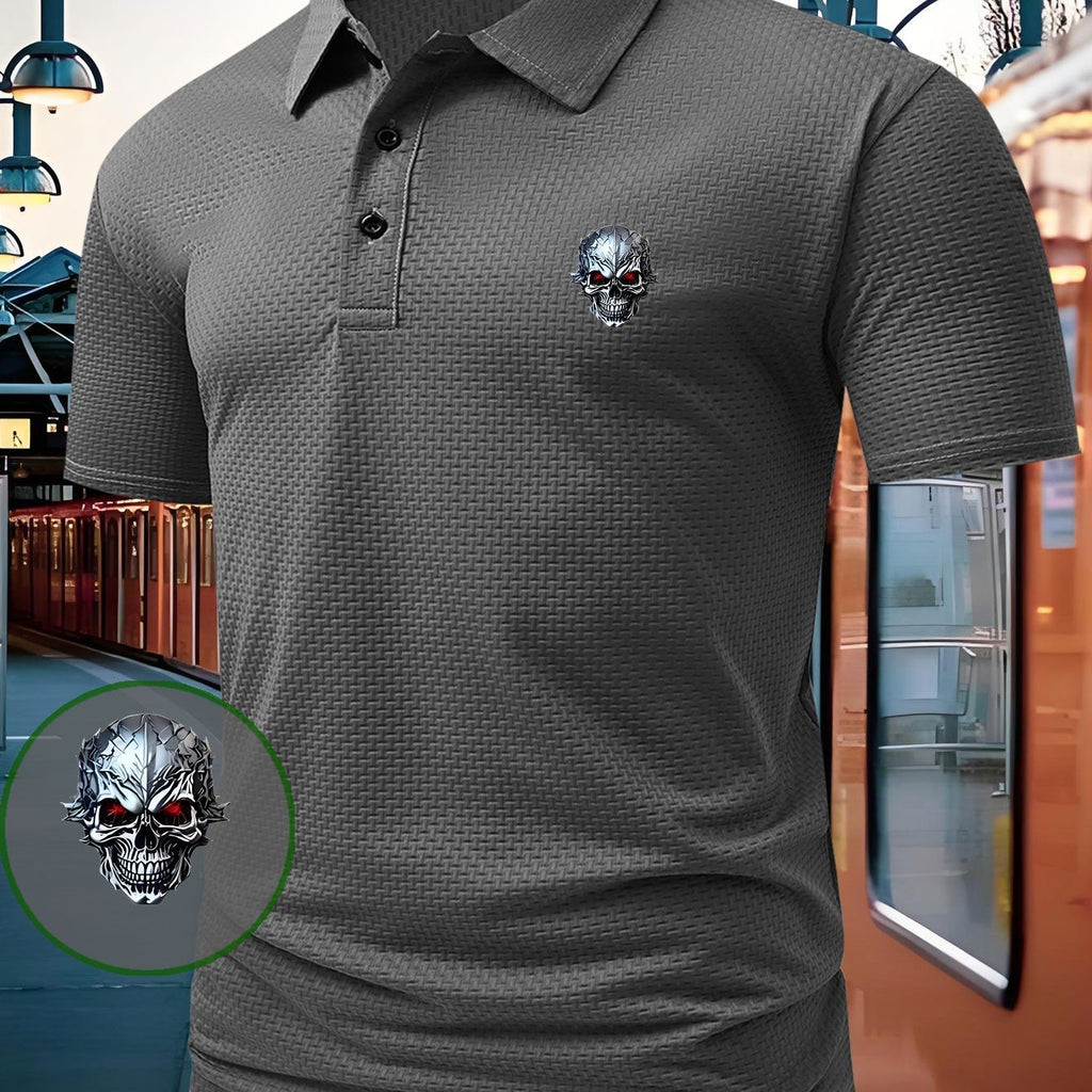 1pc Skull Pattern Print Polo Shirt, Short Sleeve Lightweight Performance Style T-Shirt, Casual Athletic Stretch Comfortable Shirt