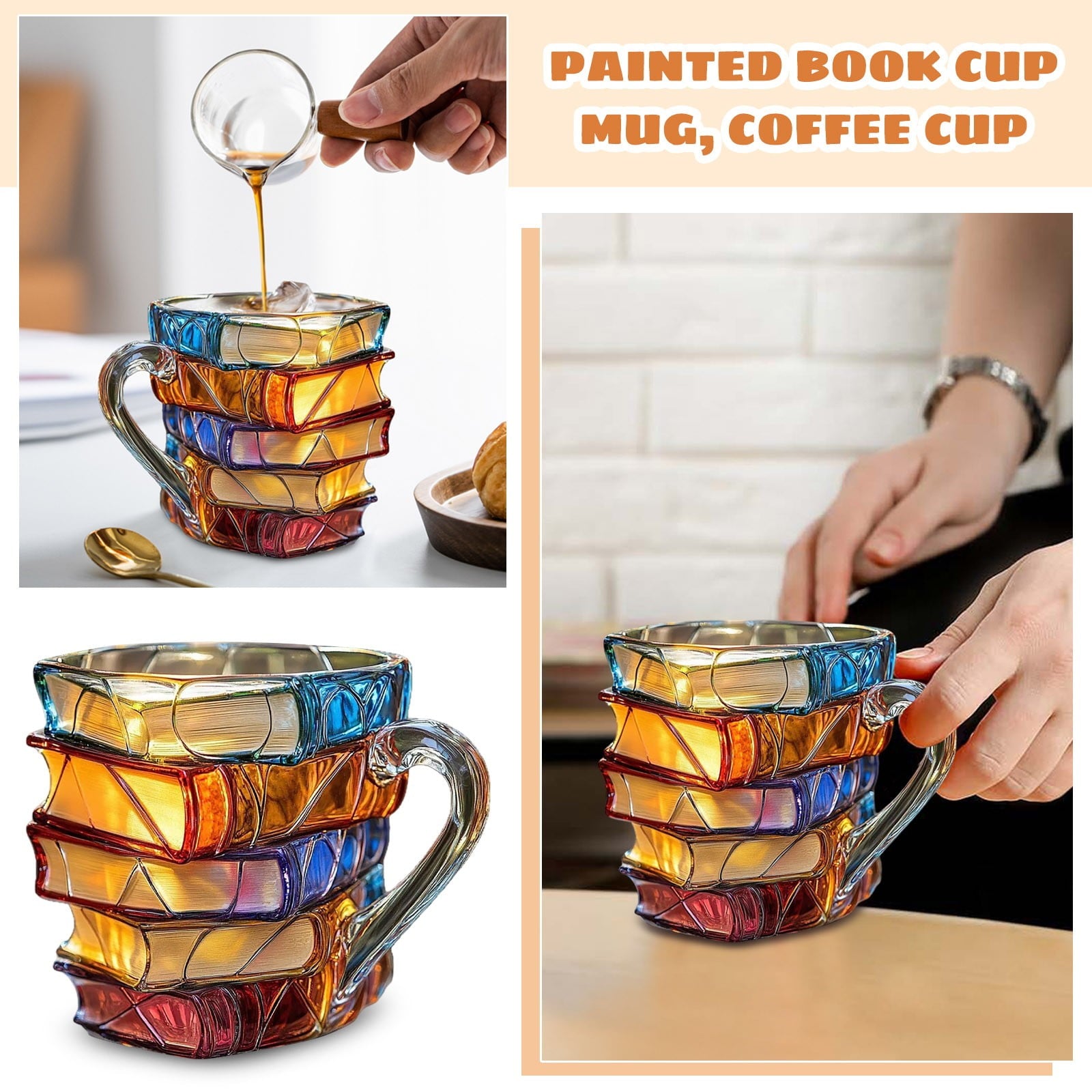 Basysin 2025 Painted Book Mug Hand-Painted Book Mug Novelty Unique Colored Glass Coffee Mug 3D Resin