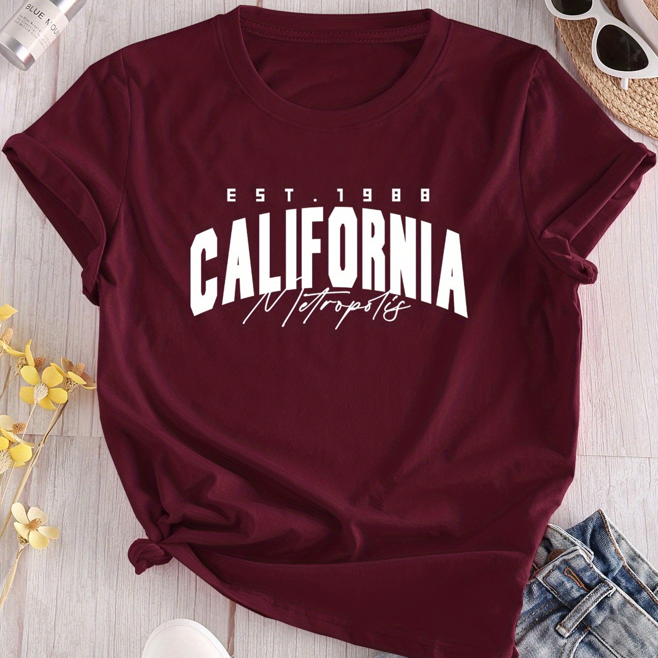 California 1988 Women's Vintage Graphic T-Shirt - Maroon Short Sleeve Round Neck Casual Top with EST.1988 California Print, Slightly Elastic Comfort Fit for Spring Summer Fall, Spring Summer Apparel, Soft Fabric Tee