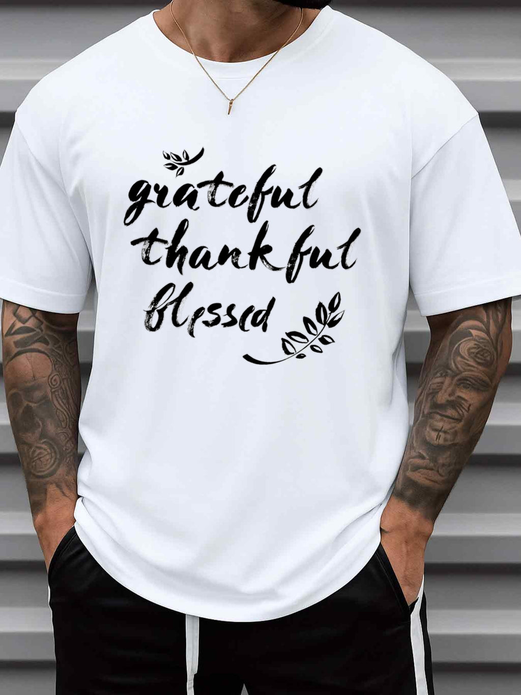Men's Plus Size 3XL Grateful Thankful Blessed T-Shirt - White Faith Apparel with Short Sleeve Casual Round Neck Tee, Durable Digital Print for Church, Casual Attire & Gifts