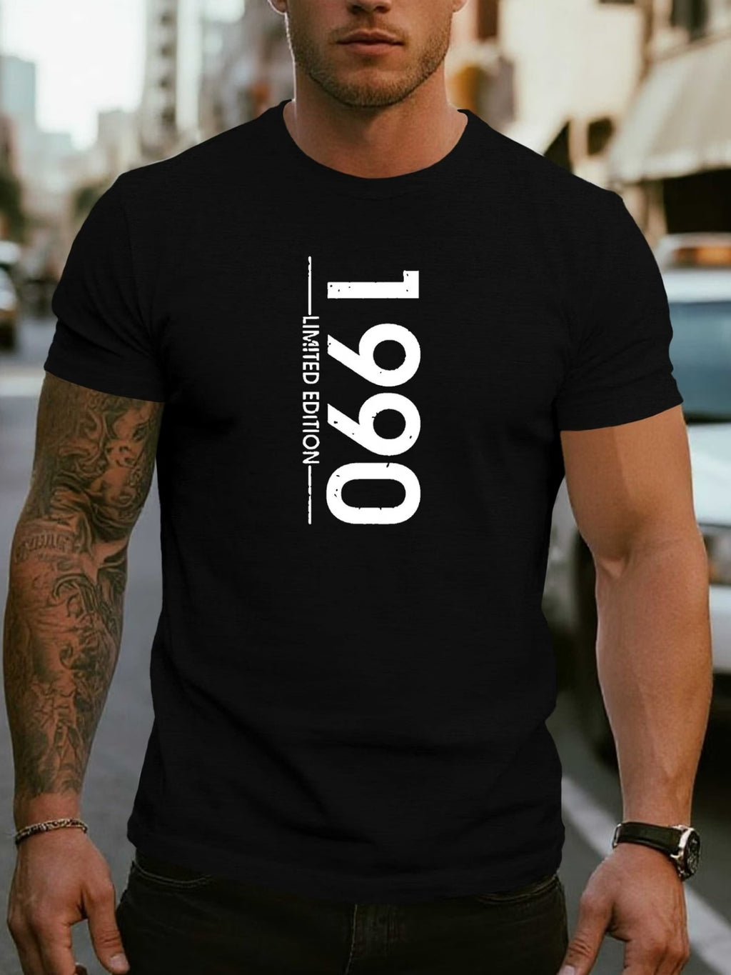 Men's 1990 Limited Edition Graphic T-Shirt- Casual Street Style, Soft and Breathable, 100% Fiber, Classic Crew Neck, Short-sleeved Summer T-shirt, Trendy Urban Fashion
