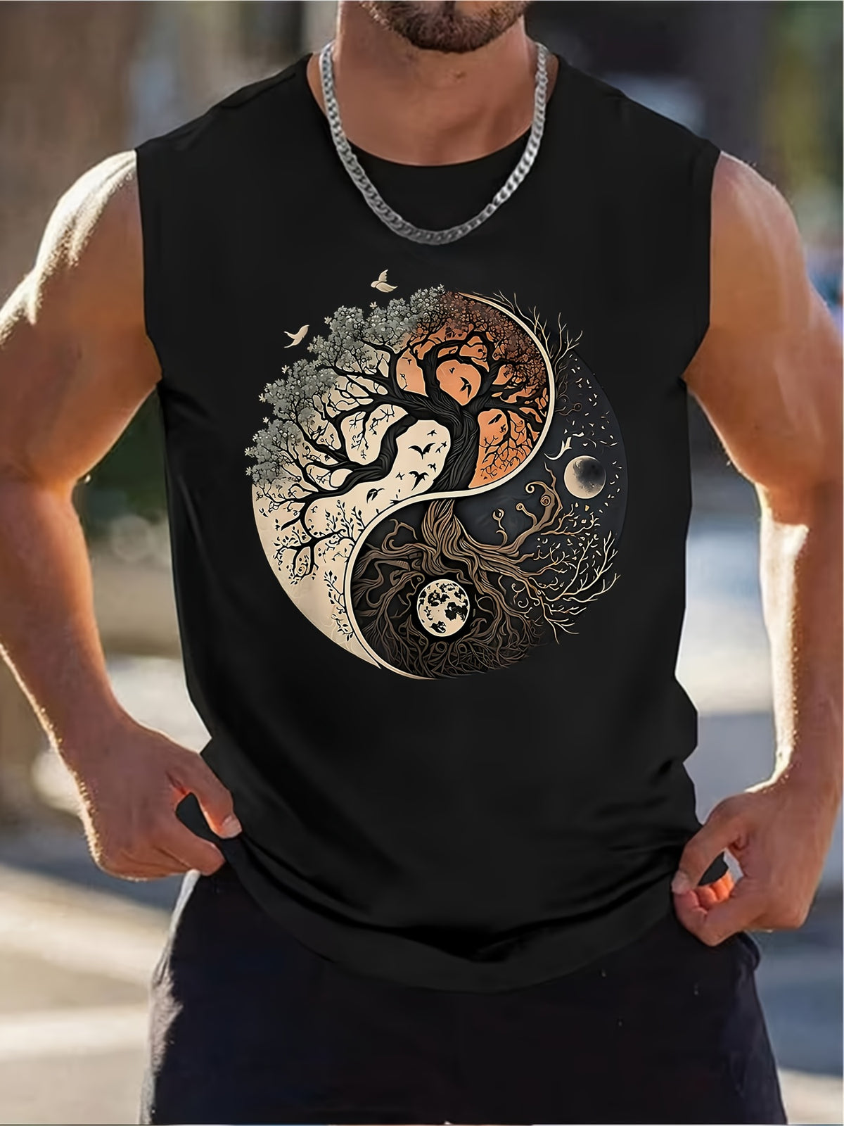 A Circular Acrylic Pendant Ornament Featuring a 2D Flat Yin Yang Tree of Life Design with Birds And Moons, Ideal for Home Decoration And Garden Art. This Christmas Gift Is Perfect for Nature Enthusiasts And Is Designed for an Athletic Physique