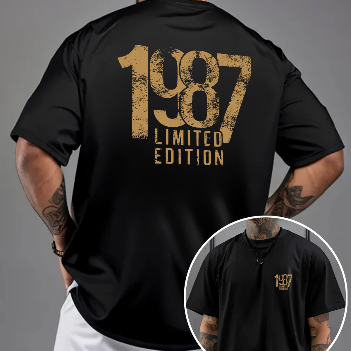 Men'S Trendy Round Neck T-Shirt, Casual Daily Short Sleeve Tee, 1987 Number And Letter Print T-Shirt, As a Gift