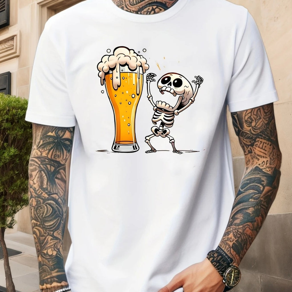 Men's Casual Graphic T-Shirt - Humorous Skeleton Beer Mug Print, Breathable Quick-Dry Fabric, Regular Fit Round Neck Tee for Summer Outdoor Activities & Social Gatherings, Easycare Clothing
