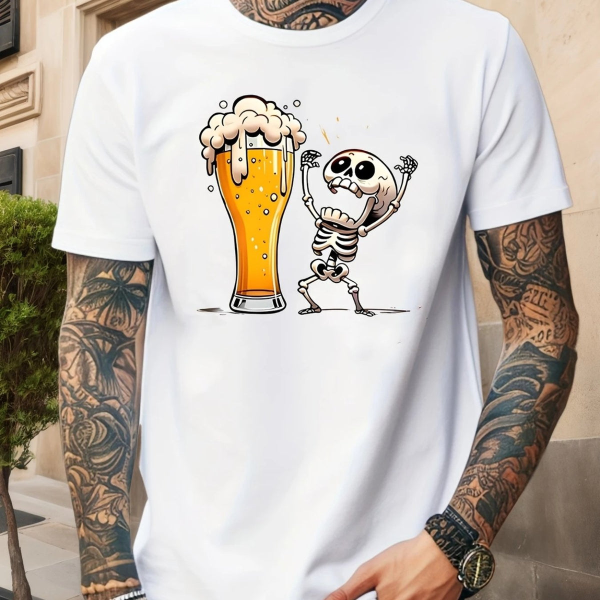 Men's Casual Graphic T-Shirt - Humorous Skeleton Beer Mug Print, Breathable Quick-Dry Fabric, Regular Fit Round Neck Tee for Summer Outdoor Activities & Social Gatherings, Easycare Clothing