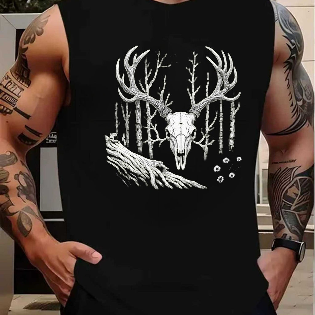 Men'S Fashion Sleeveless Tank Top, Elastic Fabric Dark Blue Background Deer Skull Graphic Design Perfect for Fitness And Outdoor Casual Wear, Forest Eerie Aesthetic Vest 1Pc02