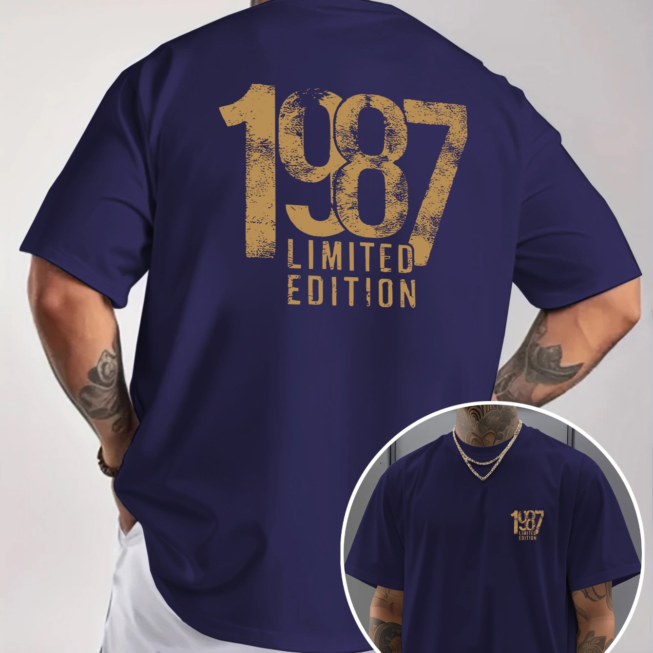 Men'S Trendy Round Neck T-Shirt, Casual Daily Short Sleeve Tee, 1987 Number And Letter Print T-Shirt, As a Gift