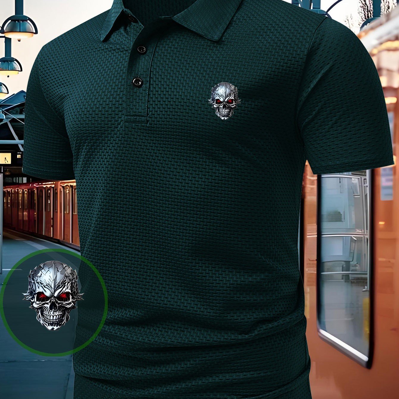 1pc Skull Pattern Print Polo Shirt, Short Sleeve Lightweight Performance Style T-Shirt, Casual Athletic Stretch Comfortable Shirt