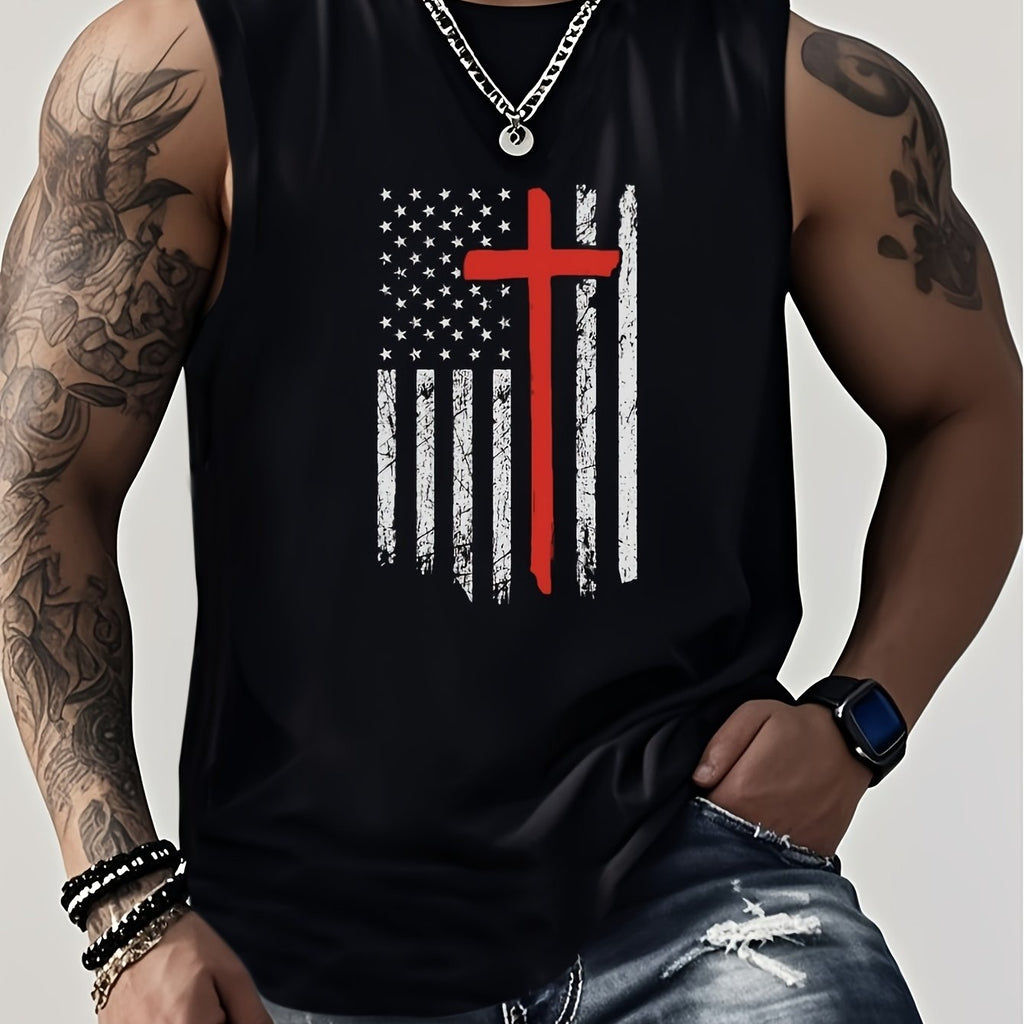 Men's Black Distressed American Flag Muscle Tee with Red Cross - Sleeveless Crew Neck Gym Shirt, All-Day Comfort Suitable for Fitness, Casual Wear & Year-Round Use, Machine Washable Athletic Top for Training and Summer Outfits
