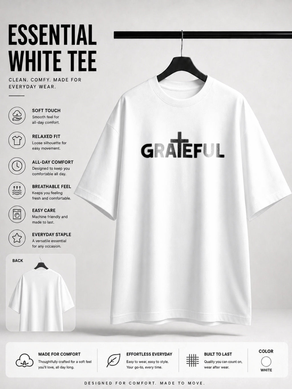 Casual Religious Style, Men's T-Shirt, Grateful Cross Text Design, Daily Wear Summer Season, Gift for Christian Men Believers PLUS SIZE, PLUS SIZE