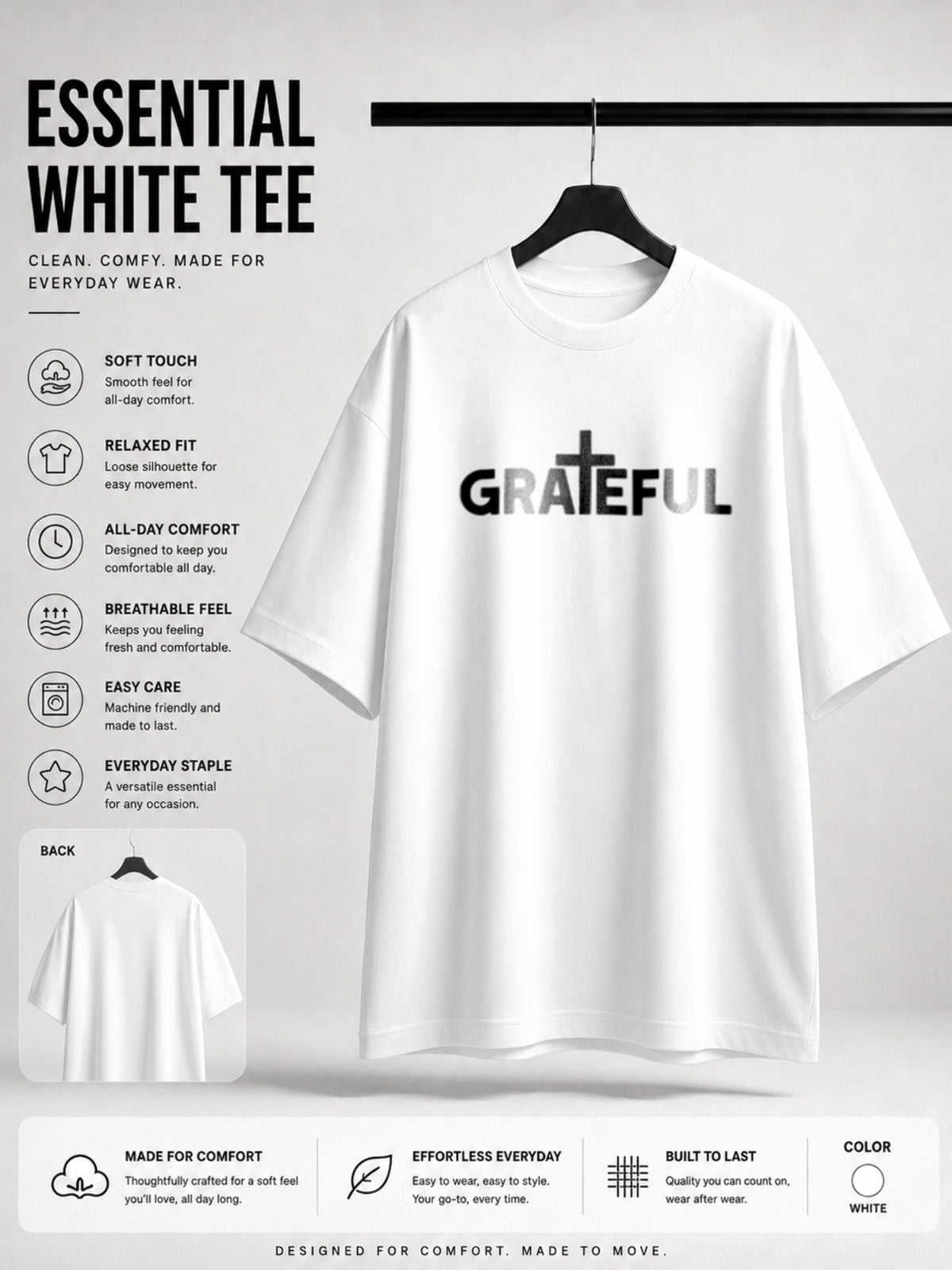 Casual Religious Style, Men's T-Shirt, Grateful Cross Text Design, Daily Wear Summer Season, Gift for Christian Men Believers PLUS SIZE, PLUS SIZE