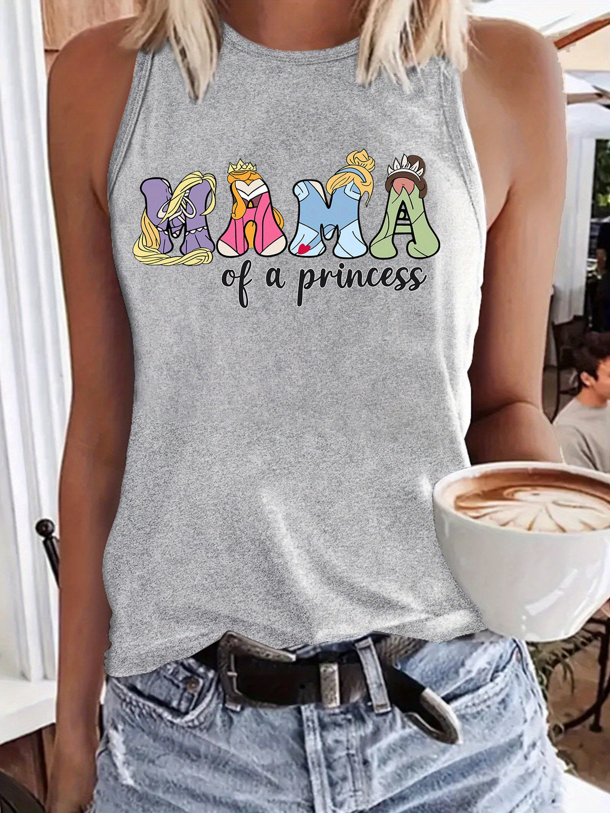 Mama Princess Women's Fashion Tank Top - Casual Sleeveless Crew Neck with Applique Detail, Breathable Polyester, Machine Washable - Perfect for Summer
