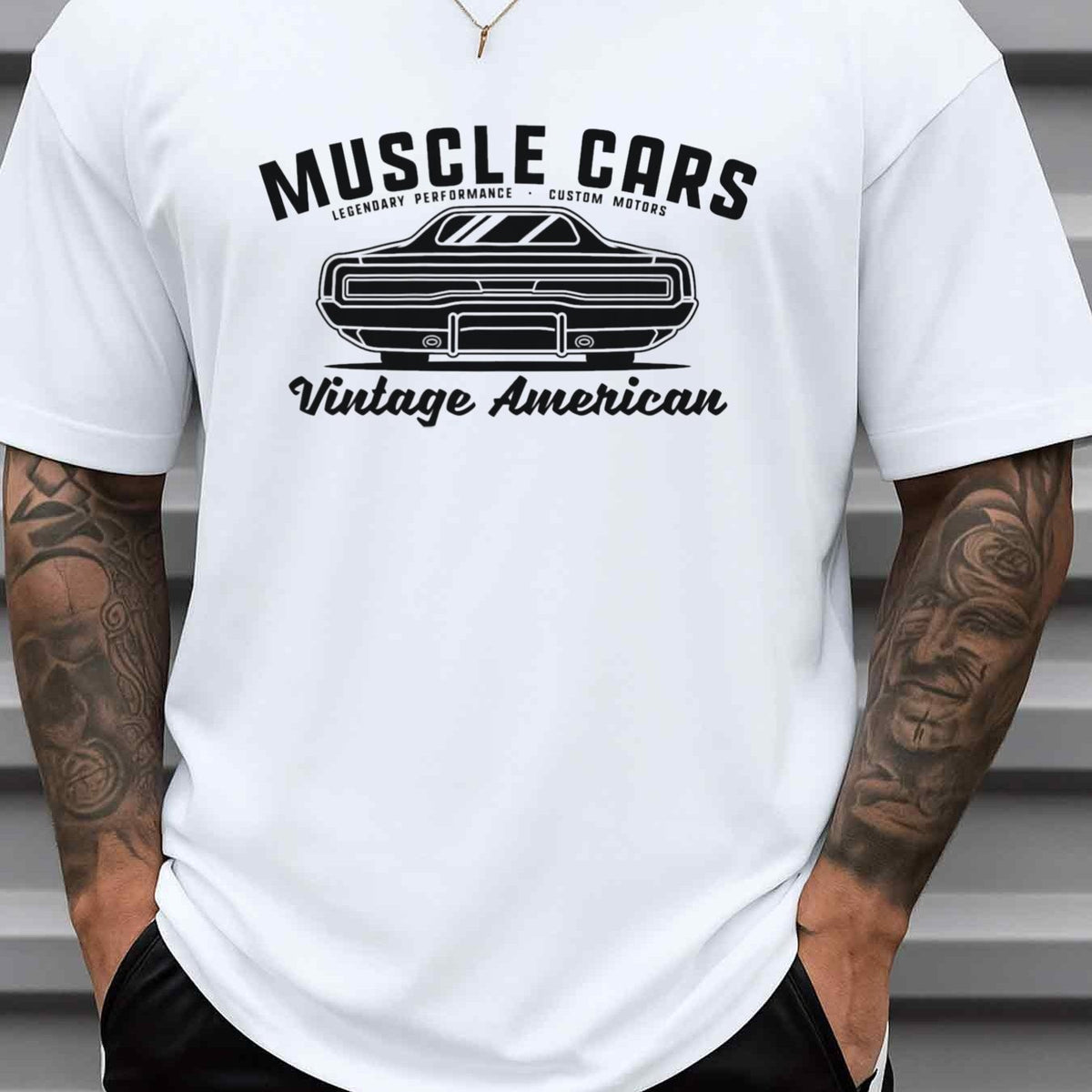 Men's Muscle Car Graphic T-Shirt 180GSM 100% Cotton Vintage Garage Print with Muscle Car & Classic Auto Design - Casual Short Sleeve Round Neck Tee for Car, Casual Attire, Gifts for Dad, Husband, Car Lovers