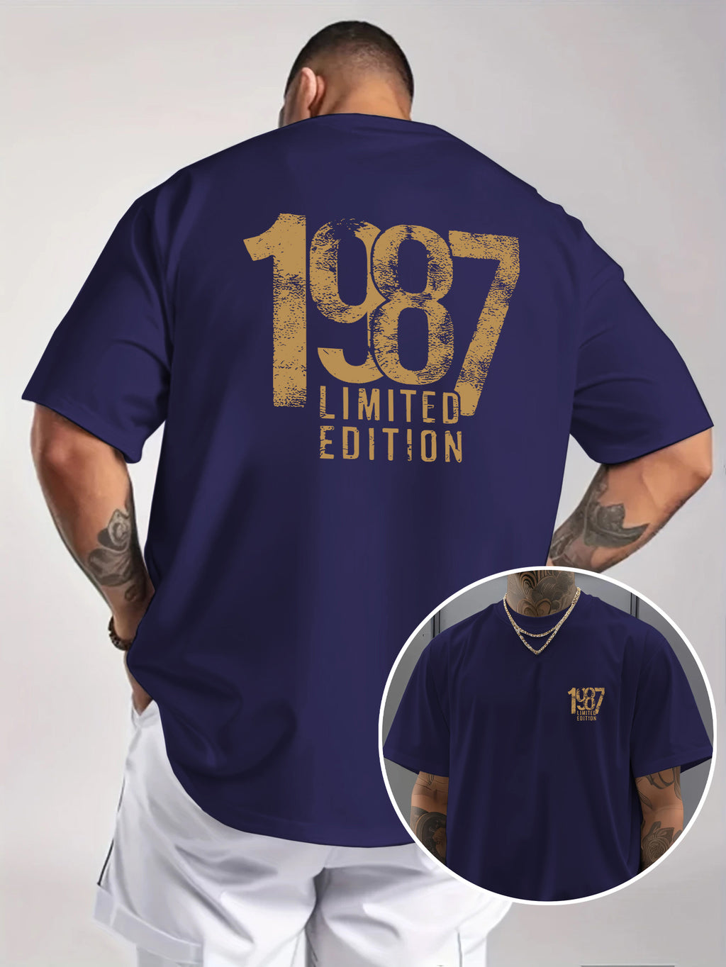 Men'S Trendy Round Neck T-Shirt, Casual Daily Short Sleeve Tee, 1987 Number And Letter Print T-Shirt, As a Gift