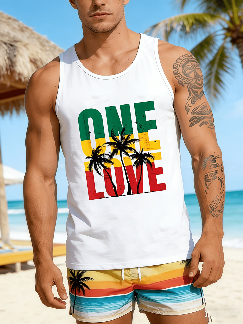 A Men'S Sleeveless Beach Print Round Neck Top, Suitable for Casual Vacations And Sports Workouts, Machine Washable