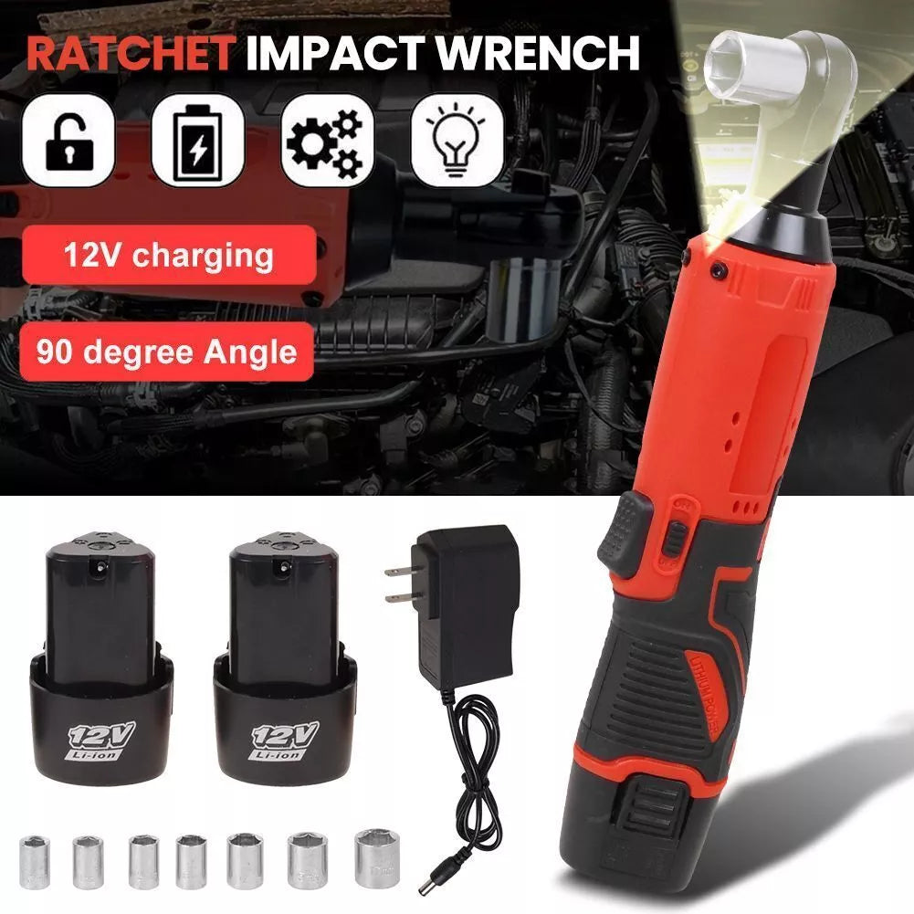 Cordless Electric Ratchet Wrench Set, 12V Power Ratchet Kit 3/8" with 2 Packs Batteries, Included 7 Sockets and Charger, Variable Speed & LED Light