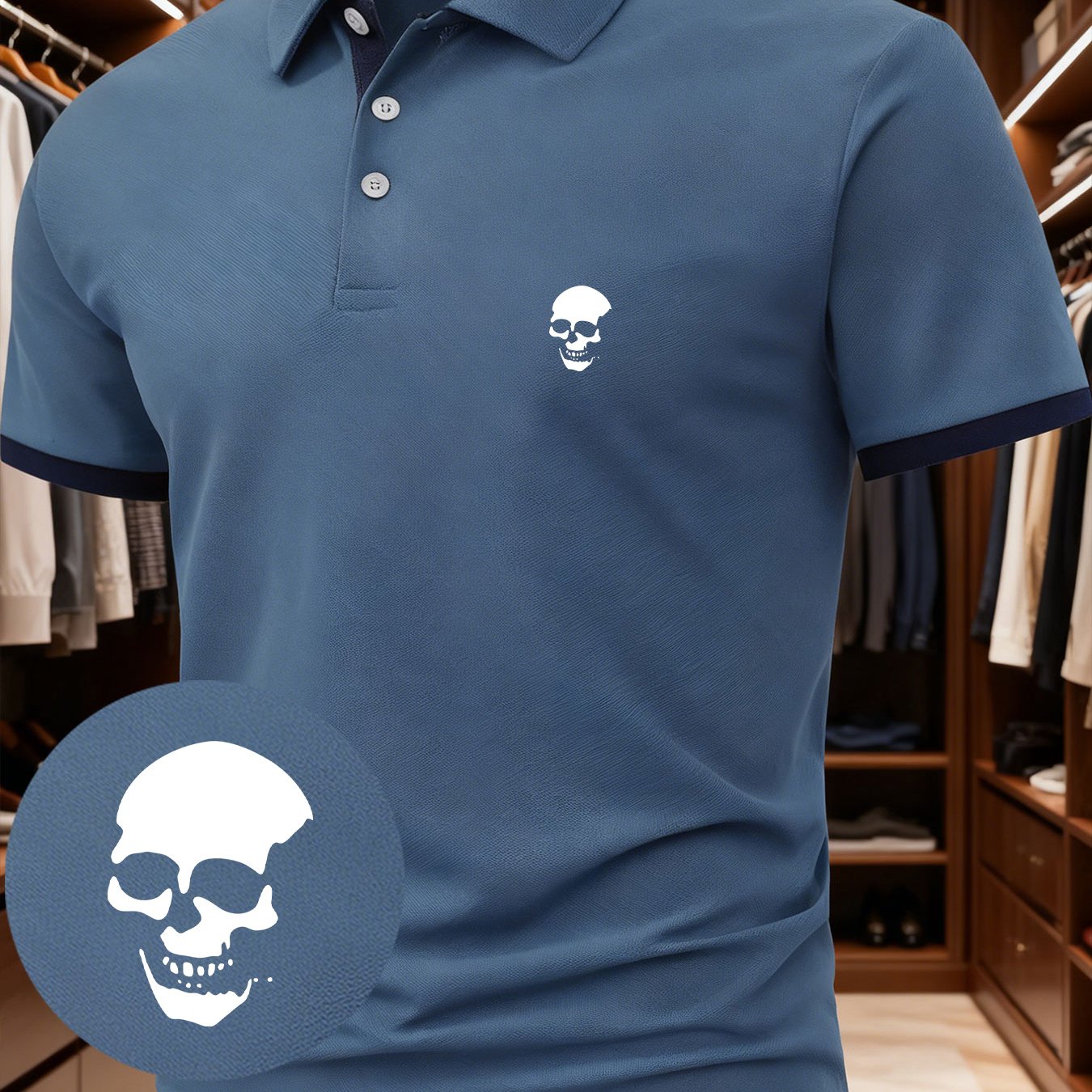 A Men's Unique and Creative Skull-themed Fashion Design Logo Print Polo Shirt, Suitable for All Seasons. The Regular Fit Blends European and American Fashion Styles, Showcasing a Casual and Simple Look, Perfect for Both Formal Occasions and Daily