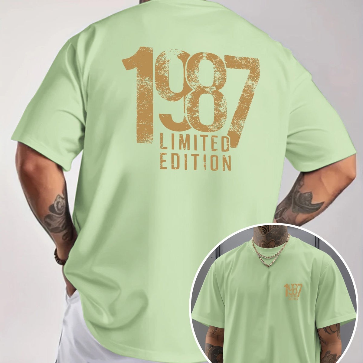 Men'S Trendy Round Neck T-Shirt, Casual Daily Short Sleeve Tee, 1987 Number And Letter Print T-Shirt, As a Gift