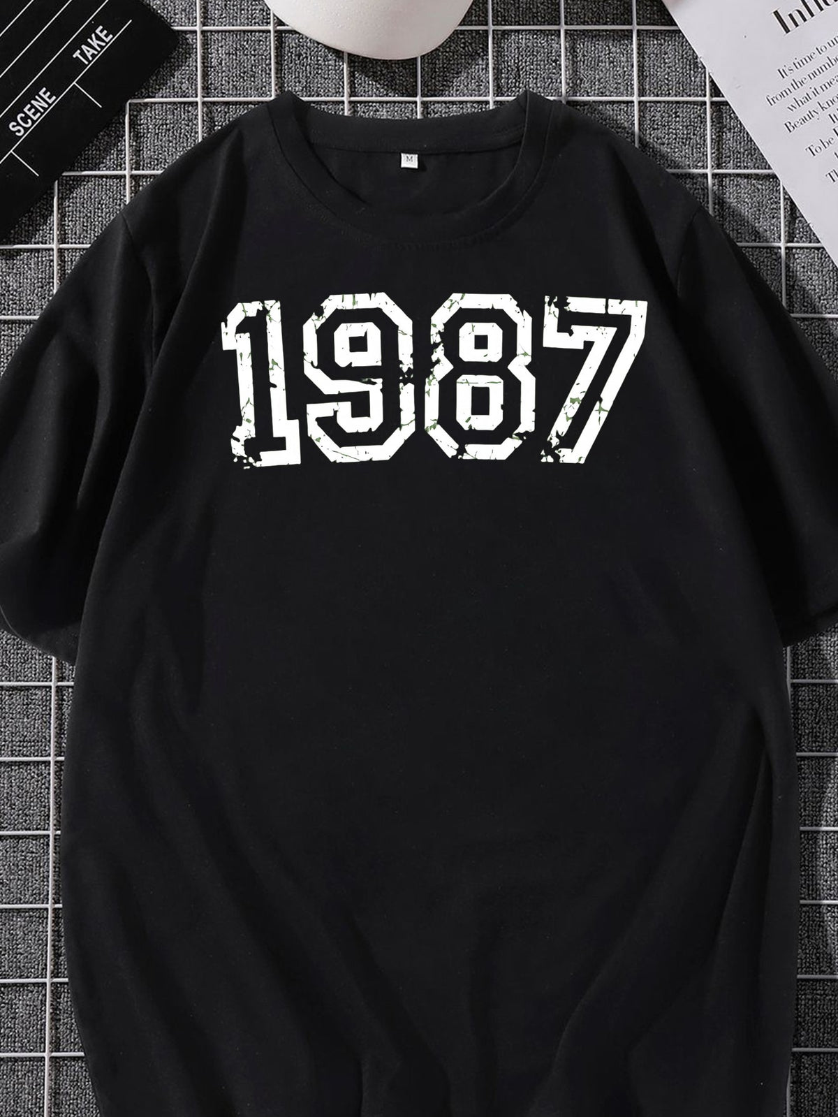 Vintage 1987 Print Short Sleeve T-Shirt for Men, Summer Casual Loose Fit Breathable Top with Retro Text Design, Trendy Streetwear for Daily Wear