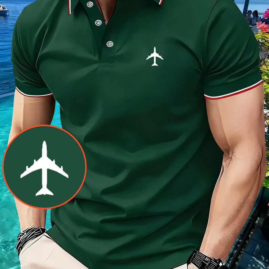 Z699-3395# Men's Fashion Light Luxury Mature Print Polo Shirt, Airplane Minimalist Fashion Pattern Print, Business Men's Charm Beach Summer Travel Essential, Turn- Collar Design, High-End Occasions, Slim Fit Flattering, Handsome Breathable