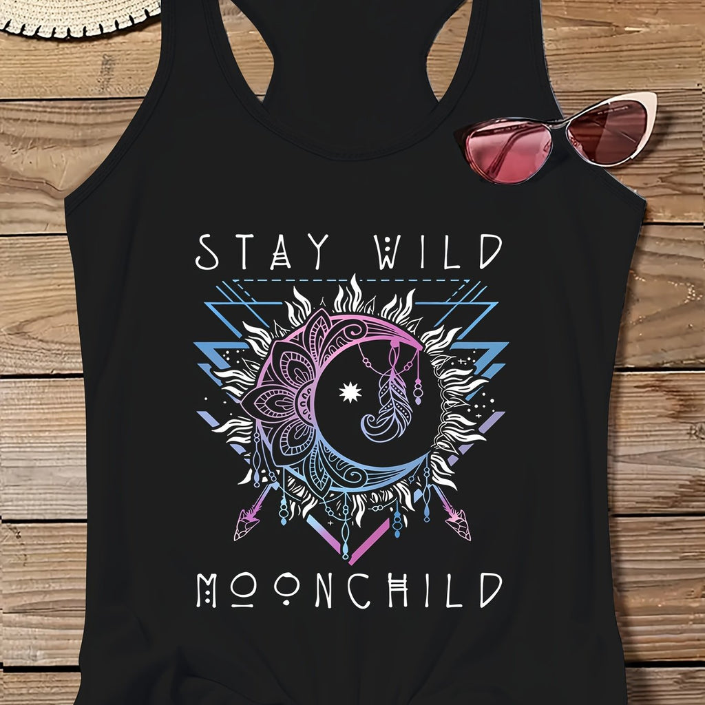 Plus Size Moon & Sun Print Tank Top, Casual Crew Neck Sleeveless Top For Summer, Women's Plus Size Clothing