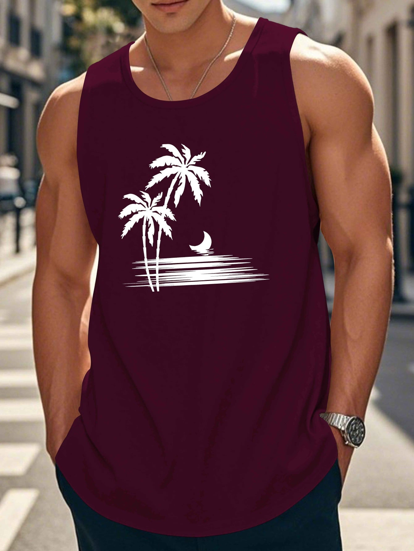 Coconut Tree Moon Men's Casual Summer Vest - Maroon Geometric Palm Tree & Moon Print, Lightweight Breathable Fabric, Regular Fit, Machine Washable, Warm Weather Clothing, Beach Apparel, Tropical Print, Easycare Clothing