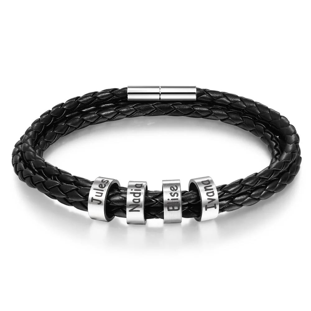 Mens Leather Braided Bracelet With 4 Custom Beads