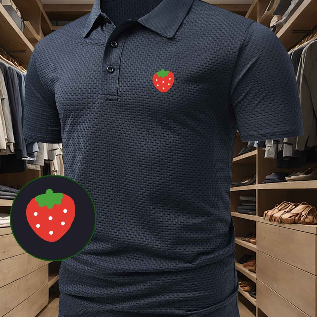 High-quality Men's Casual Polo Shirt with Strawberry Pattern Print, Sweat-wicking and Quick-drying Short-sleeve Top. Combines the Style of a T-shirt, Ideal for Gifting, Suitable for Both Business and Casual Wear