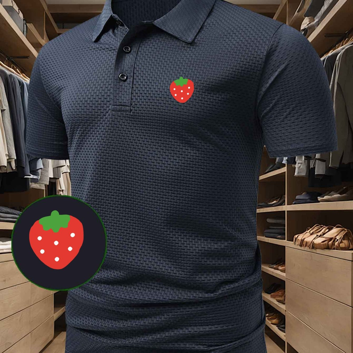 High-quality Men's Casual Polo Shirt with Strawberry Pattern Print, Sweat-wicking and Quick-drying Short-sleeve Top. Combines the Style of a T-shirt, Ideal for Gifting, Suitable for Both Business and Casual Wear