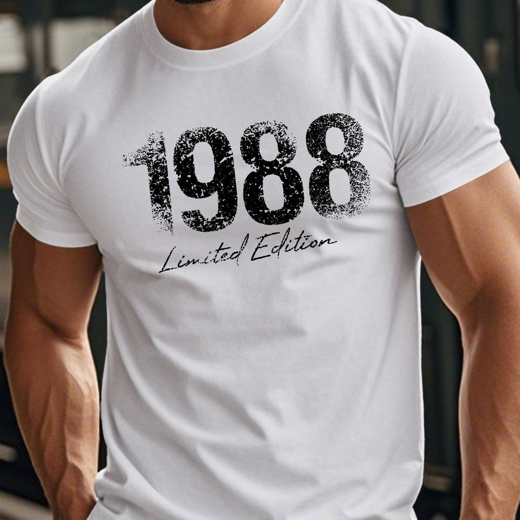 1988 Limited Edition Men's Short Sleeve T-Shirt - 1988 Print Round Neck Casual Summer Top, Limited Edition Numbered 1988 for Casual Attire & Special Events, Machine Washable Fit Male Apparel
