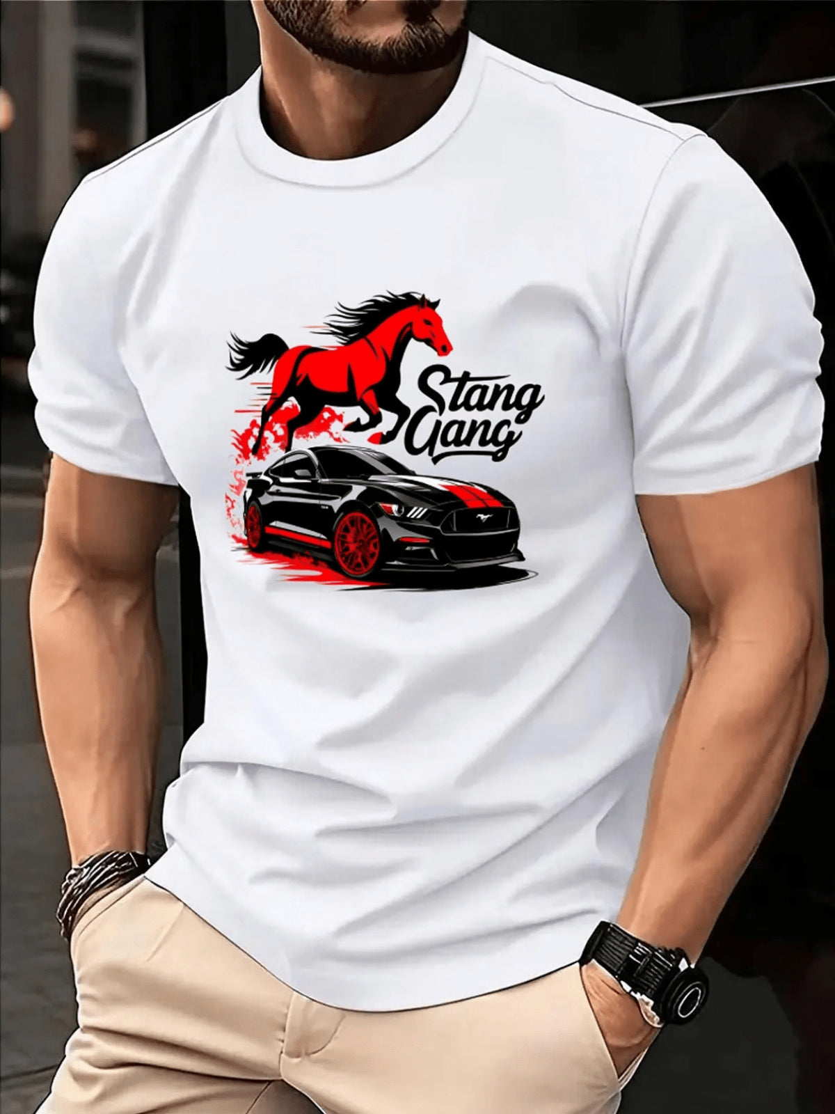 Men's Vintage Hip-Hop T-Shirt - Soft Breathable Crew Neck Short Sleeve Shirt with Retro Car & Horse Themed Graphics, Suitable for Summer Parties, Casual Wear, Machine Washable Regular Fit Male Fashion