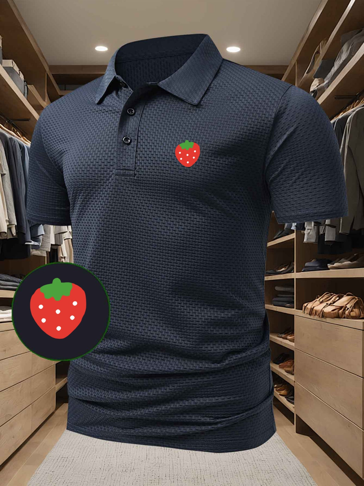 High-quality Men's Casual Polo Shirt with Strawberry Pattern Print, Sweat-wicking and Quick-drying Short-sleeve Top. Combines the Style of a T-shirt, Ideal for Gifting, Suitable for Both Business and Casual Wear