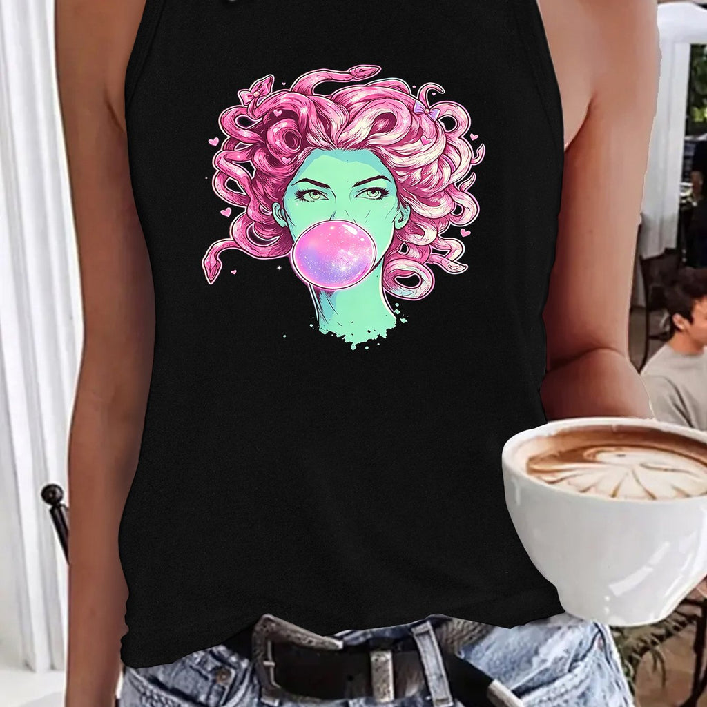 Women's Medusa Bubble Gum Print Graphic Tank Top, Women's Casual Sleeveless Round Neck Vest, Cowboy Cactus Sunflower Streetwear