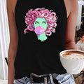 Women's Medusa Bubble Gum Print Graphic Tank Top, Women's Casual Sleeveless Round Neck Vest, Cowboy Cactus Sunflower Streetwear