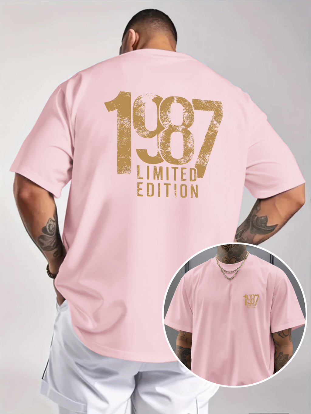 Men'S Trendy Round Neck T-Shirt, Casual Daily Short Sleeve Tee, 1987 Number And Letter Print T-Shirt, As a Gift