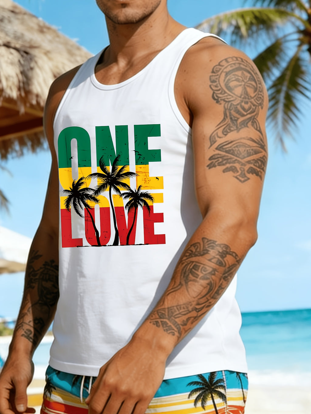 A Men'S Sleeveless Beach Print Round Neck Top, Suitable for Casual Vacations And Sports Workouts, Machine Washable