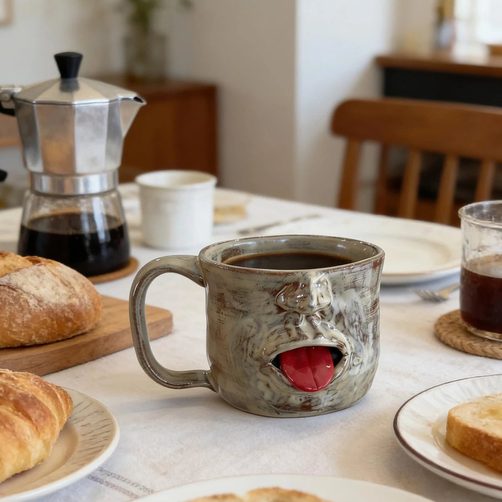 Human Face Design Ceramic Coffee Cup, Funny Tongue Out Artistic Sculptural Mug